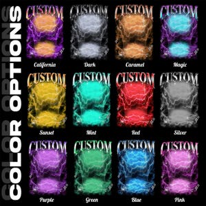 May include: A graphic design featuring the word "CUSTOM" above a stylized lightning bolt design in various colors, including purple, blue, and gold. The image also displays color options such as "California", "Dark", and "Caramel".