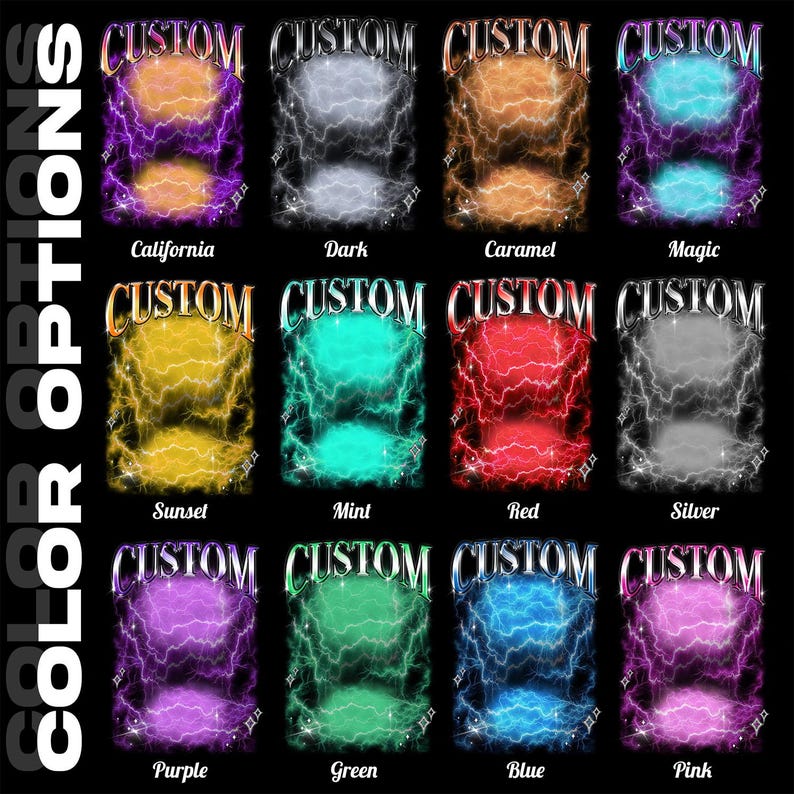 May include: A graphic design featuring the word "CUSTOM" above a stylized lightning bolt design in various colors, including purple, blue, and gold. The image also displays color options such as "California", "Dark", and "Caramel".
