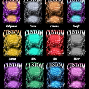 May include: A collection of custom designs featuring a lightning bolt design in various colors, including purple, blue, and green. Each design has the word "CUSTOM" at the top and a color name at the bottom, such as "California" and "Sunset".