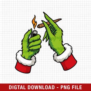 Puede incluir: Ilustración de dibujos animados de manos verdes, con ribete de piel blanca y puños rojos, sosteniendo un encendedor encendido y un cigarro. La imagen tiene un estilo de dibujos animados y está sobre un fondo de cuadrícula blanca. El texto "DIGITAL DOWNLOAD - PNG FILE" está en la parte inferior.
