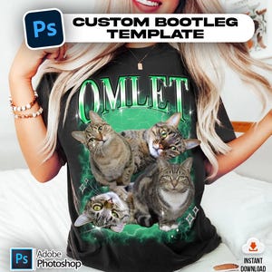 May include: Black t-shirt featuring the word "OMLET" in green, with four tabby cats and green lightning bolts. The shirt has the text "CUSTOM BOOTLEG TEMPLATE" at the top and "Adobe Photoshop" at the bottom.