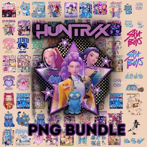 Può includere: Un pacchetto PNG di arte digitale con illustrazioni e design di personaggi in stile anime. L'immagine centrale mostra tre personaggi femminili all'interno di una cornice a forma di stella, circondati da varie grafiche, testo e personaggi di gatti dei cartoni animati. Il testo "HUNTRAX" e "PNG BUNDLE" sono ben visibili.