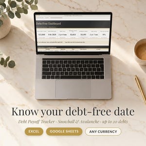 Op de afbeelding: Een zilveren laptop met een Debt-Free Dashboard-spreadsheet met financiële gegevens. Onder het scherm staat de tekst: Know your debt-free date, Debt Payoff Tracker, Snowball & Avalanche, up to 20 debts, EXCEL, GOOGLE SHEETS, ANY CURRENCY.