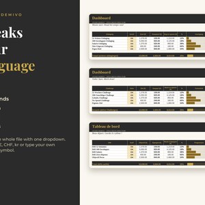 Op de afbeelding: Een digitaal financieel dashboard-sjabloon van Studio Demivo met drie verschillende lay-outs, tabellen voor het bijhouden van spaardoelen, valuta-opties en voortgangsbalken. De tekst luidt Speaks your language, English, Nederlands, Deutsch, Español, Français en Switch the whole file with one dropdown.