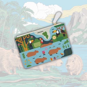 Cartera de carpincho, imprescindible cartera de mano, estampado de carpincho, bolso de mano, obra de arte de la selva tropical, cuero vegano, regalo para ella