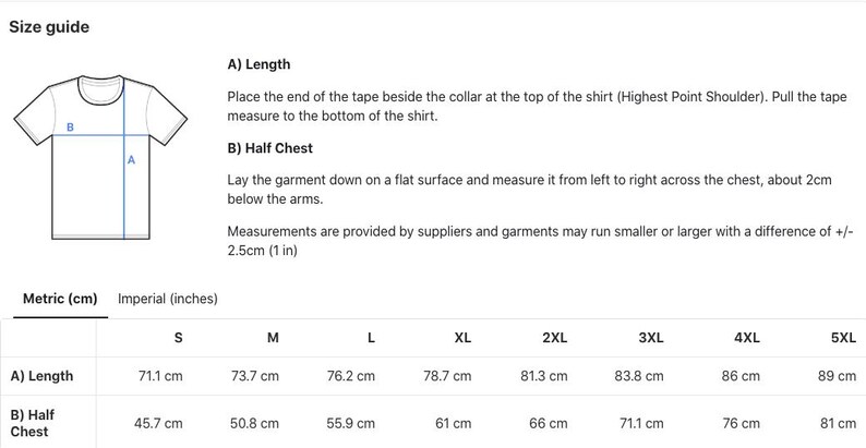 Puede incluir: Gu&iacute;a de tallas para una camiseta con medidas en pulgadas y cent&iacute;metros para las tallas S a 5XL. Las medidas incluyen la longitud y la mitad del pecho.