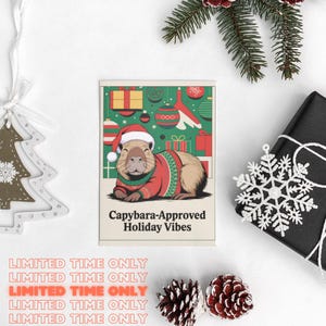 Biglietto di auguri di Natale divertente per gli amanti degli animali del capibara / Biglietto di auguri di Natale stampato con simpatici animali e vibrazioni di buon Natale