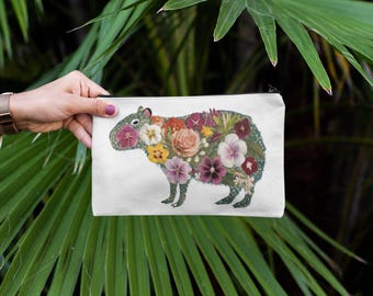 Capybara Clutch Bag, Natural Floral Design, Abstract Capybara for Nature Lovers, Gift for Capybara Enthusiasts, Vegan Leather Purse