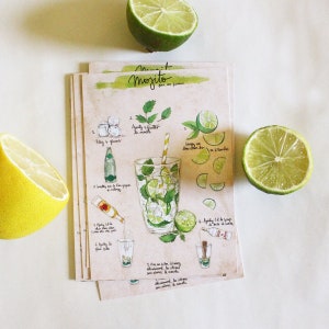 Postcard Illustrated recipe cocktail Kitchen Wall decor Food art Kitchen art Mojito image 1