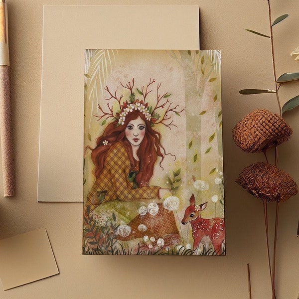Postcard - Illustrated postcard - Scrapbooking - Natural - Forest Girl
