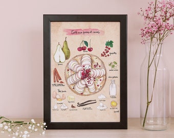 Recipe illustration - Illustrated recipe - Kitchen Wall decor - Food art - Kitchen art - Cherry - Pear - "Pear and Cherry Pie"