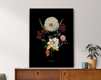 Art Print - Poster - Botanical drawing - botanical - flower - herbarium - Flora - "Flora Black"