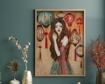 Print - poster - Chinese lantern - Asian Girl - "The Night of the lanterns"