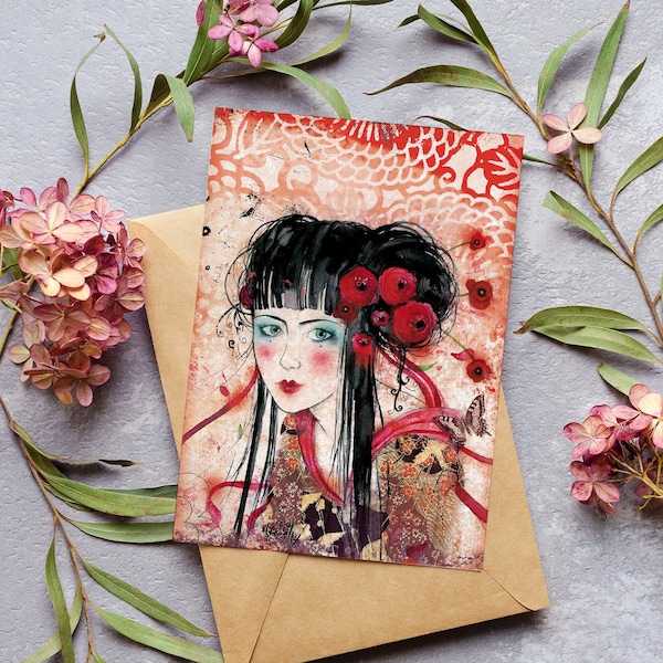 Postcard - Scrapbooking - Japanese Girl - Poppy - Geisha