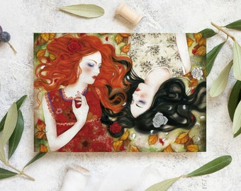 Postcard - Illustrated postcard - Scrapbooking - Fairy tale - "Snow-White and Rose-Red"