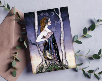 Carte postale - illustration - hibou - nuit- Night Owl