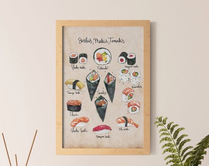 Recipe illustration - Sushi addict - Food art - Kitchen Wall decor - Cooking - Sushi - Japanese cuisine  - "Sushi, maki and Temaki""