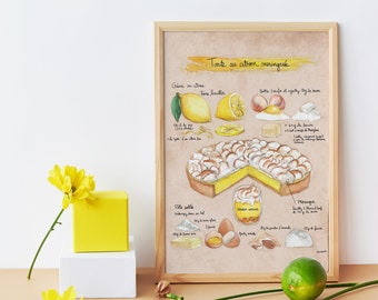 Recipe illustration - Illustrated recipe - lemon - Kitchen Wall decor - Cooking - Food art -dessert - Kitchen art - Lemon meringue pie"