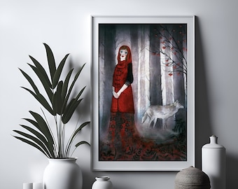 Tirage - Poster - Aquarelle - Chaperon Rouge - Loup - Conte de fées - La rencontre2/10