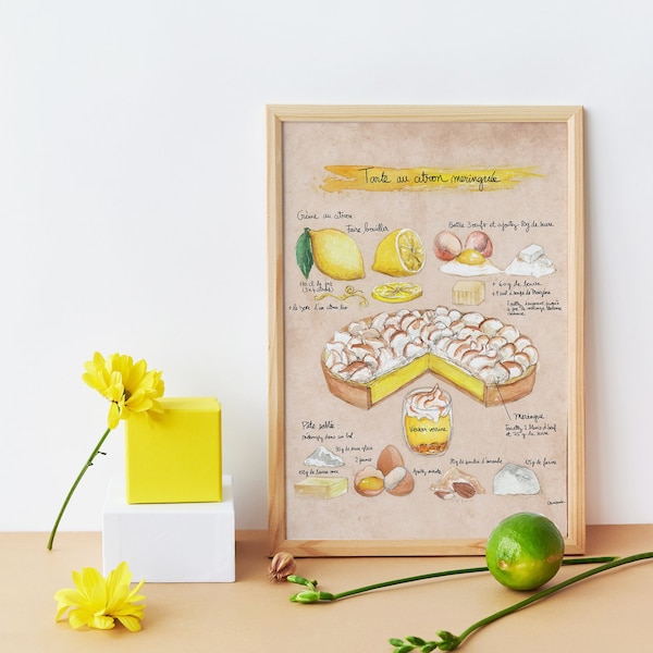 Poster - recette de cuisine illustrée - décoration cuisine - tirage - illustration de recette - dessert -"Tarte au citron meringuée"