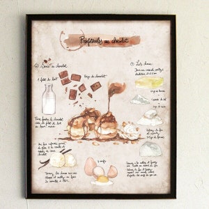 Recipe illustration Illustrated recipe Chocolat Kitchen Wall decor Cooking Food art Kitchen art Profiteroles au chocolat image 2