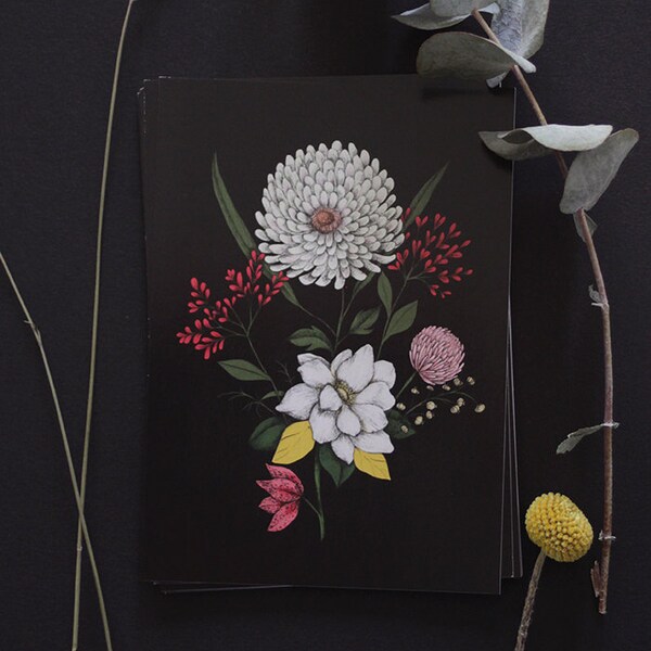 Postcard - botanical drawing - flower - bohemian - "Flora Black"