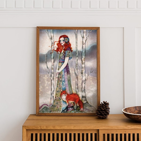 Tirage - Poster - Affiche renard - Reproduction - Aquarelle - Jeune femme et renard - "Le Guide"
