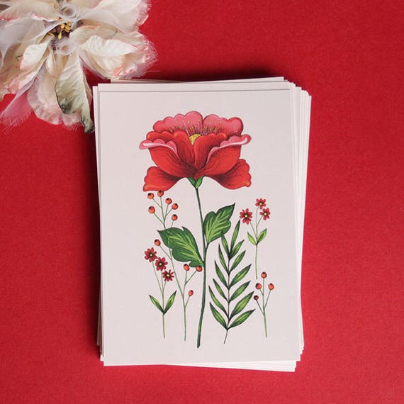 Carte Postale Floral Fleur Rouge Dessin Botanique Fleur Bohème Flora Red