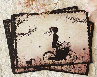 Postcard - illustrated postcard - Miss SHadow - silhouette - bicycle - countryside - "At the countryside"