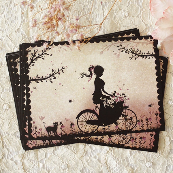 Postcard - illustrated postcard - Miss SHadow - silhouette - bicycle - countryside - "At the countryside"