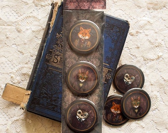 Badges Set - Button - Brooch - animals - anthropomorphic - Fox - Cat - Owl - "Beautiful Bestiary"