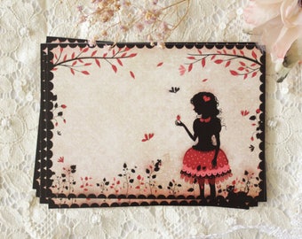 Postcard - illustrated postcard - Miss SHadow - silhouette - strawberry - girly - "Strawberry Field"