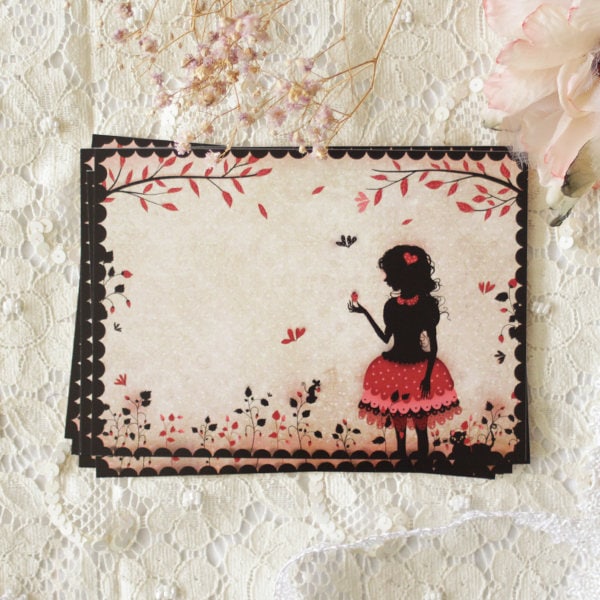 Postcard - illustrated postcard - Miss SHadow - silhouette - strawberry - girly - "Strawberry Field"