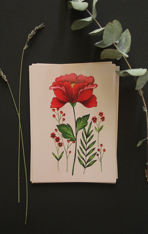 Carte Postale Floral Fleur Rouge Dessin Botanique Fleur Bohème Flora Red