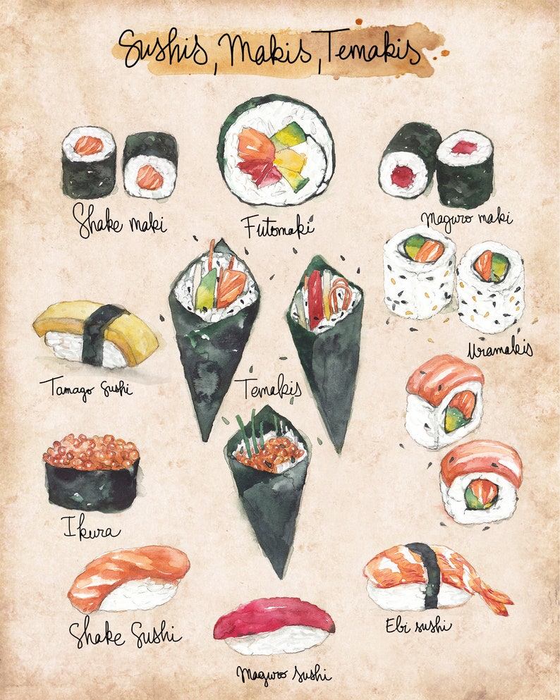 Recipe illustration Sushi addict Food art Kitchen Wall decor Cooking Sushi Japanese cuisine Sushi, maki and Temaki image 3