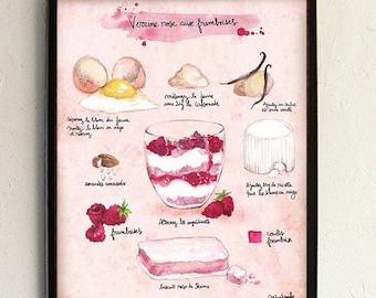 Recipe illustration - Illustrated recipe - Kitchen Wall decor - Food art - Kitchen art - pink - "Pink verrine with raspberries"