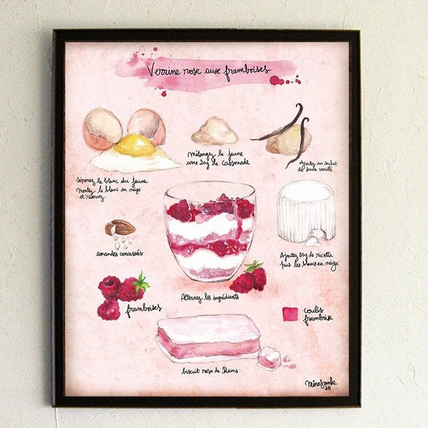 Recipe illustration - Illustrated recipe - Kitchen Wall decor - Food art - Kitchen art - pink - "Pink verrine with raspberries"