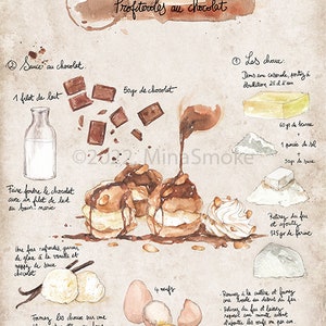 Recipe illustration Illustrated recipe Chocolat Kitchen Wall decor Cooking Food art Kitchen art Profiteroles au chocolat image 3