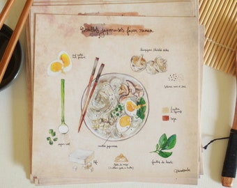 Carte postale - recette de cuisine - illustration de recette - illustration culinaire - japonais -"Nouilles au ramen"