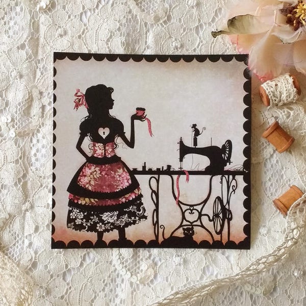 Postcard - illustrated postcard - Miss Shadow - victorian - sewing machine - "Seamstress"