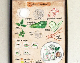 Recipe illustration - Illustrated recipe - Kitchen Wall decor - Food art - botanical - vegan - Kitchen art - "Vietnamese Spring Roll"