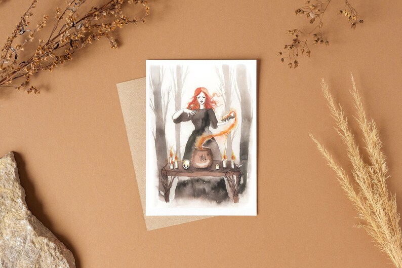 Postcard Illustrated postcard watercolour postcard Halloween sabbat The Wood Witch image 1