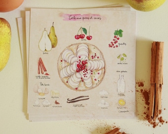 Carte postale - recette de cuisine - illustration de recette - illustration culinaire - dessert - citron -"Tarte au poires et cerises"