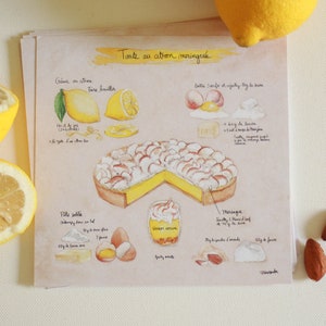 Postcard - Illustrated recipe - lemon - Kitchen Wall decor - Cooking - Food art -dessert - Kitchen art - "Lemon meringue pie"