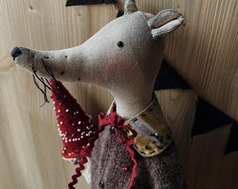 Rat soft toy, textile Doll in Vintage Style, Interior Toy, Social-emotional toy, mouse toy, collectible toy with mushroom