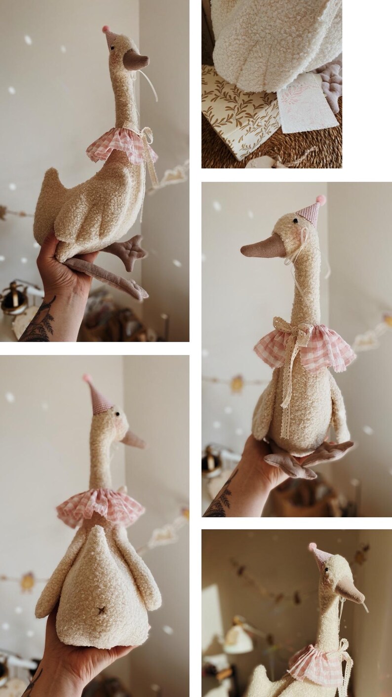 May include: A plush goose toy with a cream-colored body, a long neck, and a brown beak. It wears a pink and white checkered ruffle collar and a matching party hat. The toy is soft and fluffy, with a whimsical design.