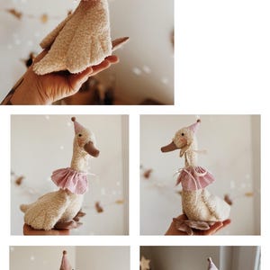 May include: A plush goose toy with a cream-colored body, brown beak, and a pink and white checkered party hat and collar. The soft toy is designed to look like a goose and is suitable for children.