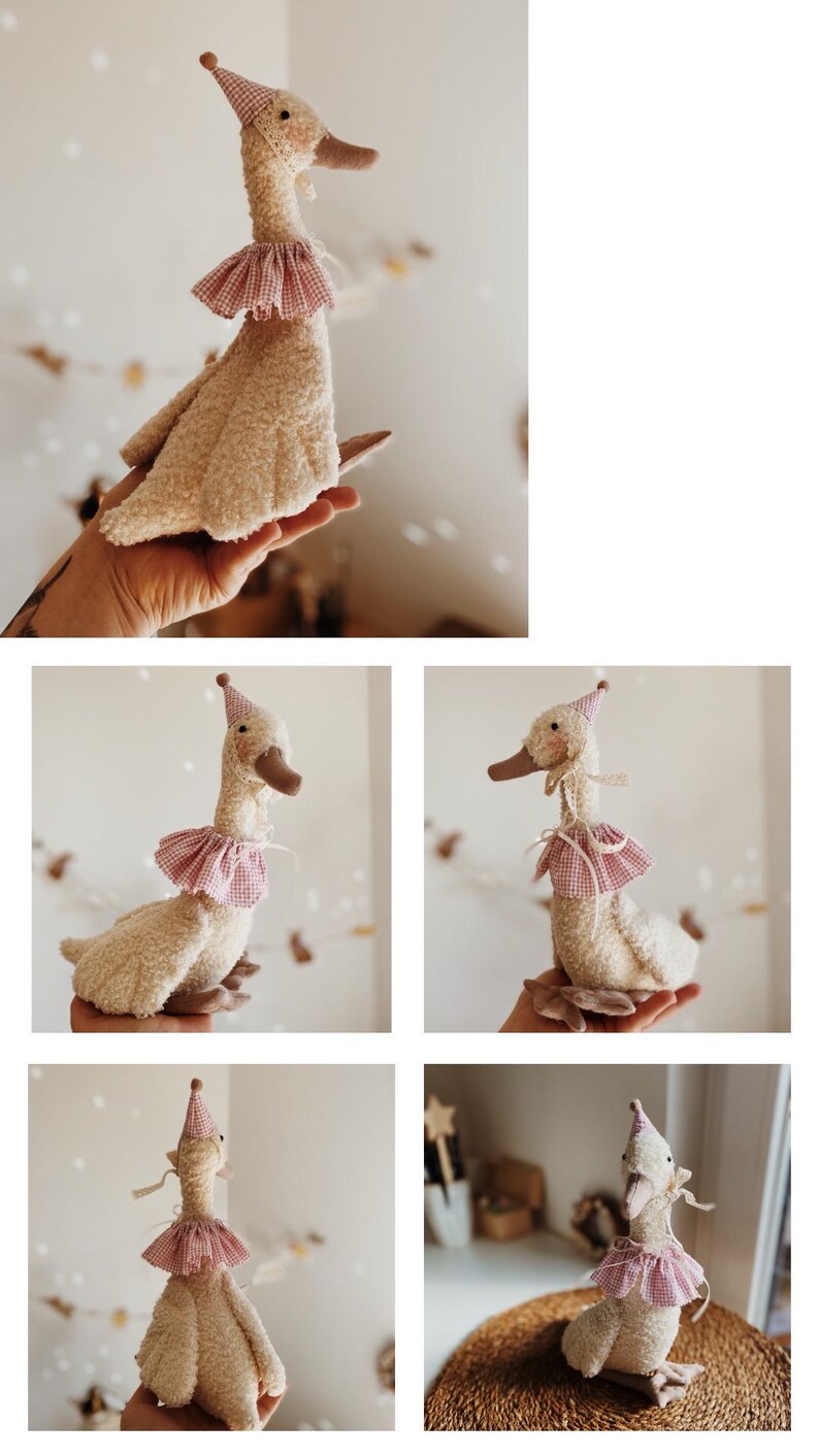 May include: A plush goose toy with a cream-colored body, brown beak, and a pink and white checkered party hat and collar. The soft toy is designed to look like a goose and is suitable for children.