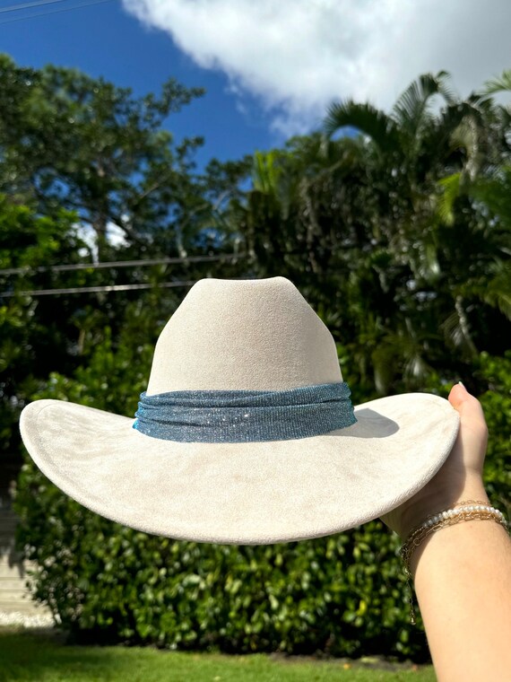 Vintage Blue Suede Hat with Studded Band & Fringe Sequin Suede String Cowboy Hat | Tassel Detail Western Hat  main image 3