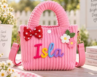 Personalized Girls Corduroy Handbag, Custom Name Crossbody Bag with Crochet Flower